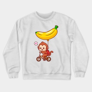 Cute Monkey Riding Bicycle With Banana Balloon Cartoon Crewneck Sweatshirt